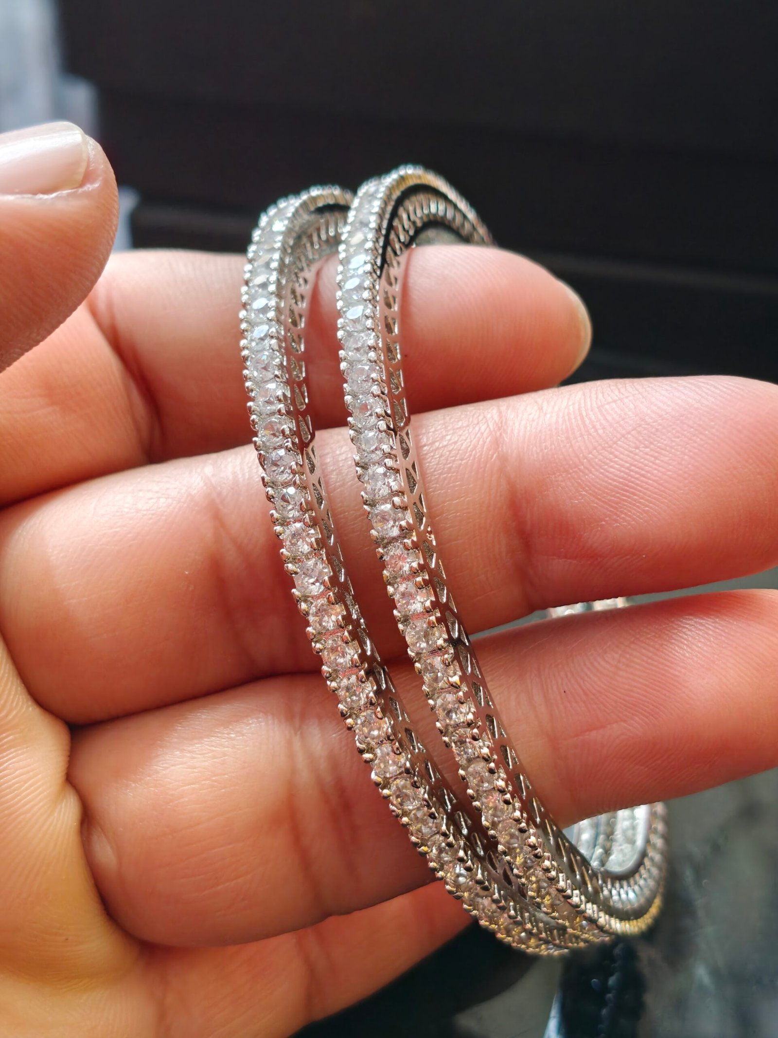 BYKOUE Silver-Tone Double-Line Crystal Studded Bangle Set - Image 2