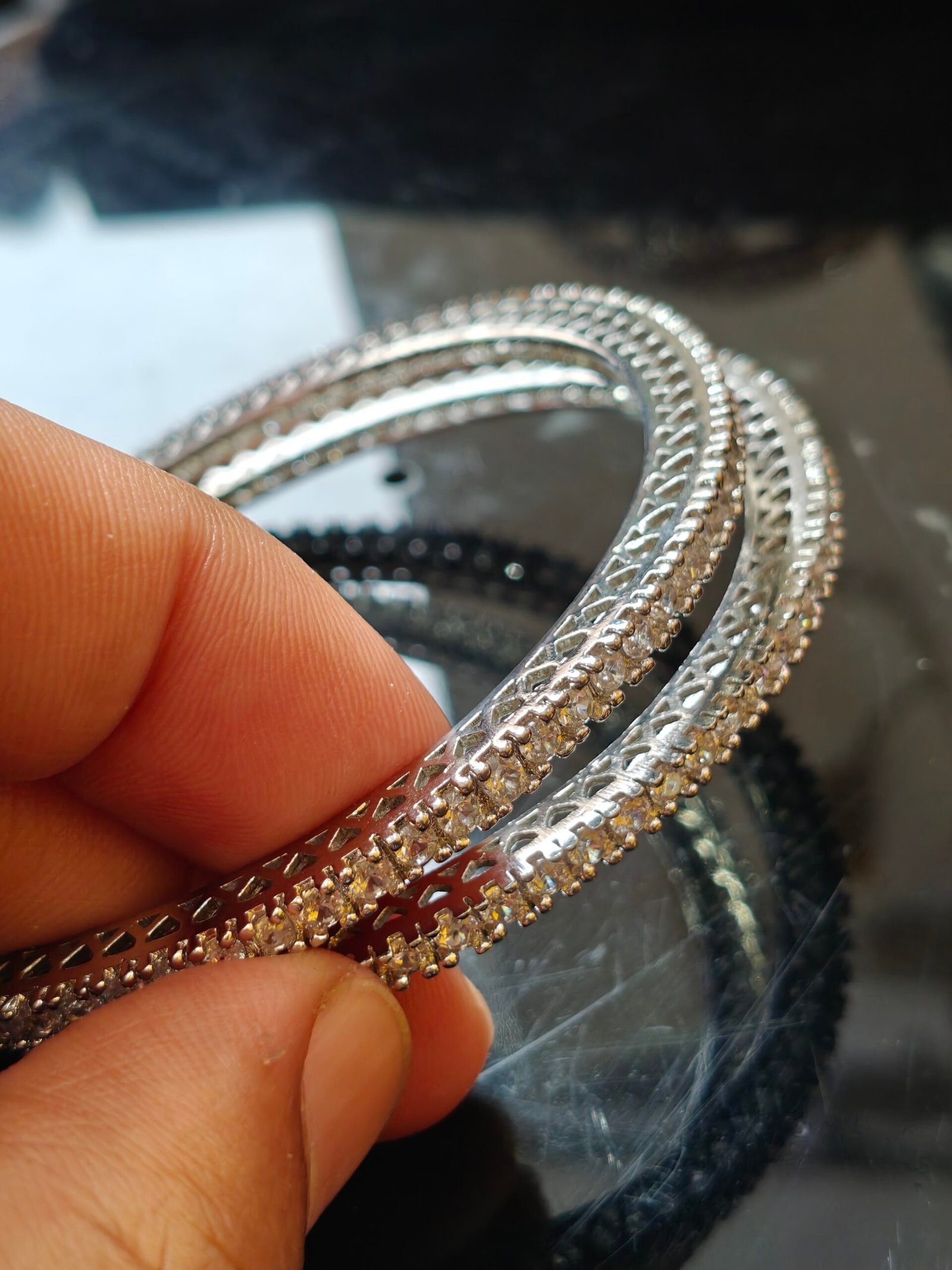 BYKOUE Silver-Tone Double-Line Crystal Studded Bangle Set - Image 5