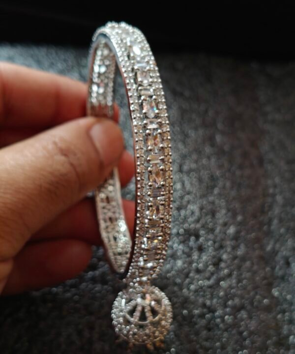 BYKOUE Silver-Tone Crystal Studded Charm Bangle Bracelet