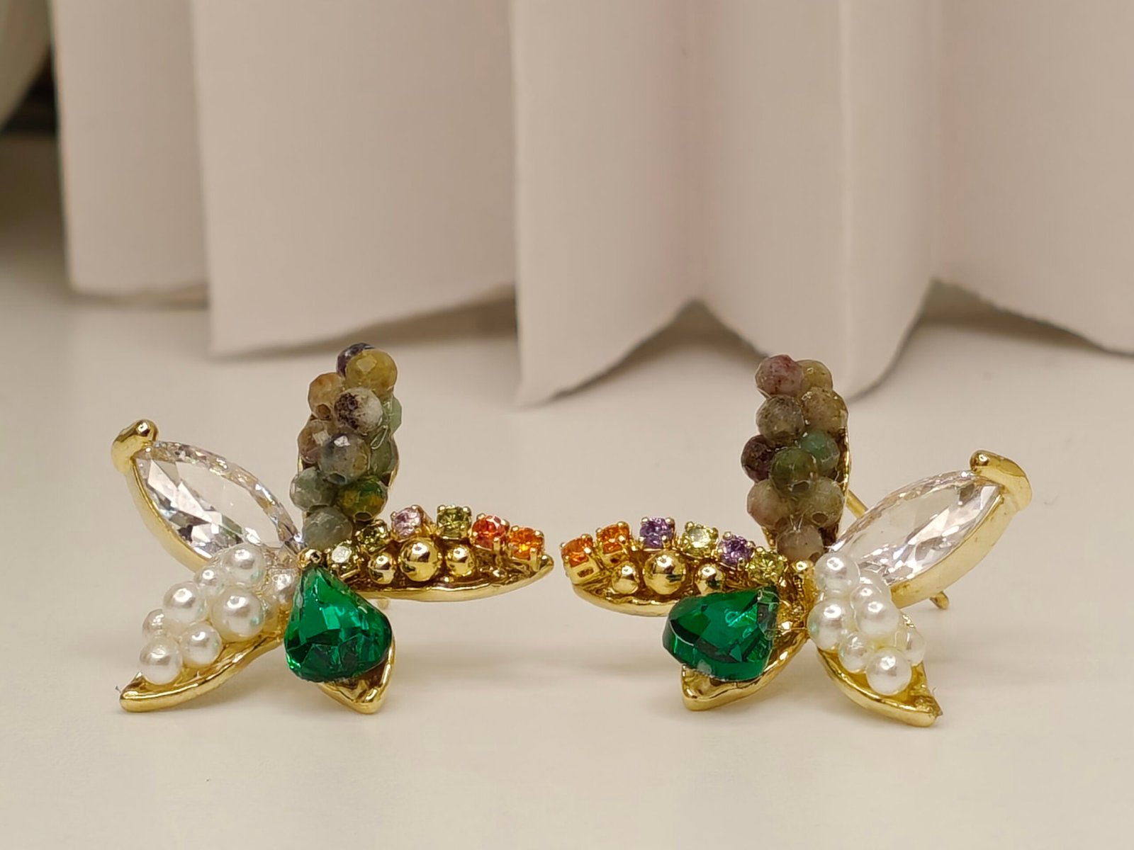 Multicolor Gemstone & Pearl Floral Statement Earrings – Gold Finish - Image 2