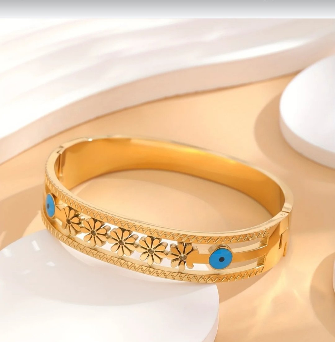 Golden Floral Evil Eye Bangle Bracelet - Image 3