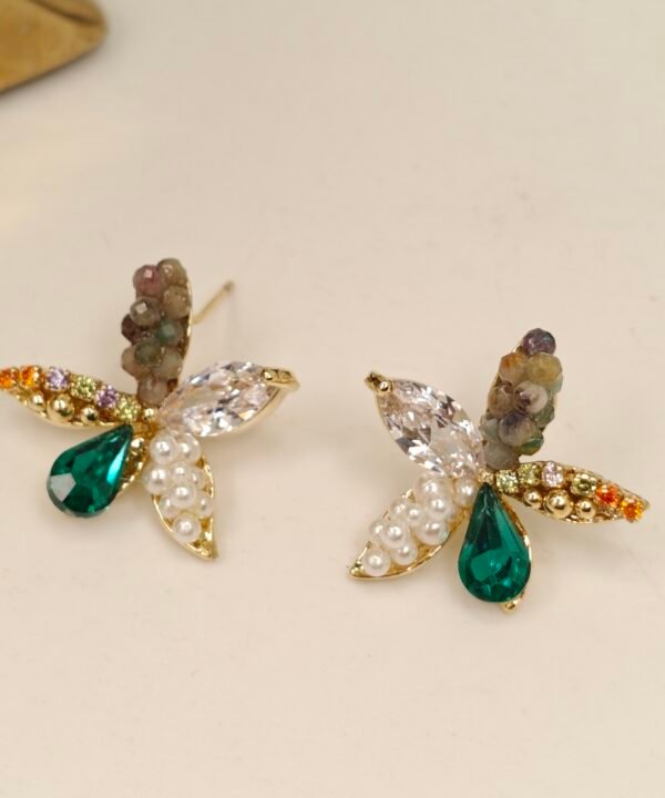 Multicolor Gemstone & Pearl Floral Statement Earrings – Gold Finish