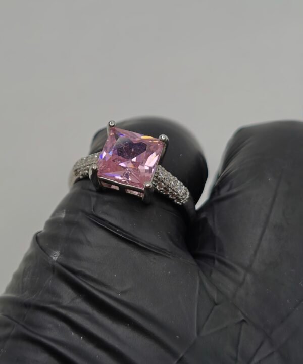 Princess-Cut Pink Crystal Statement Ring – Silver Finish