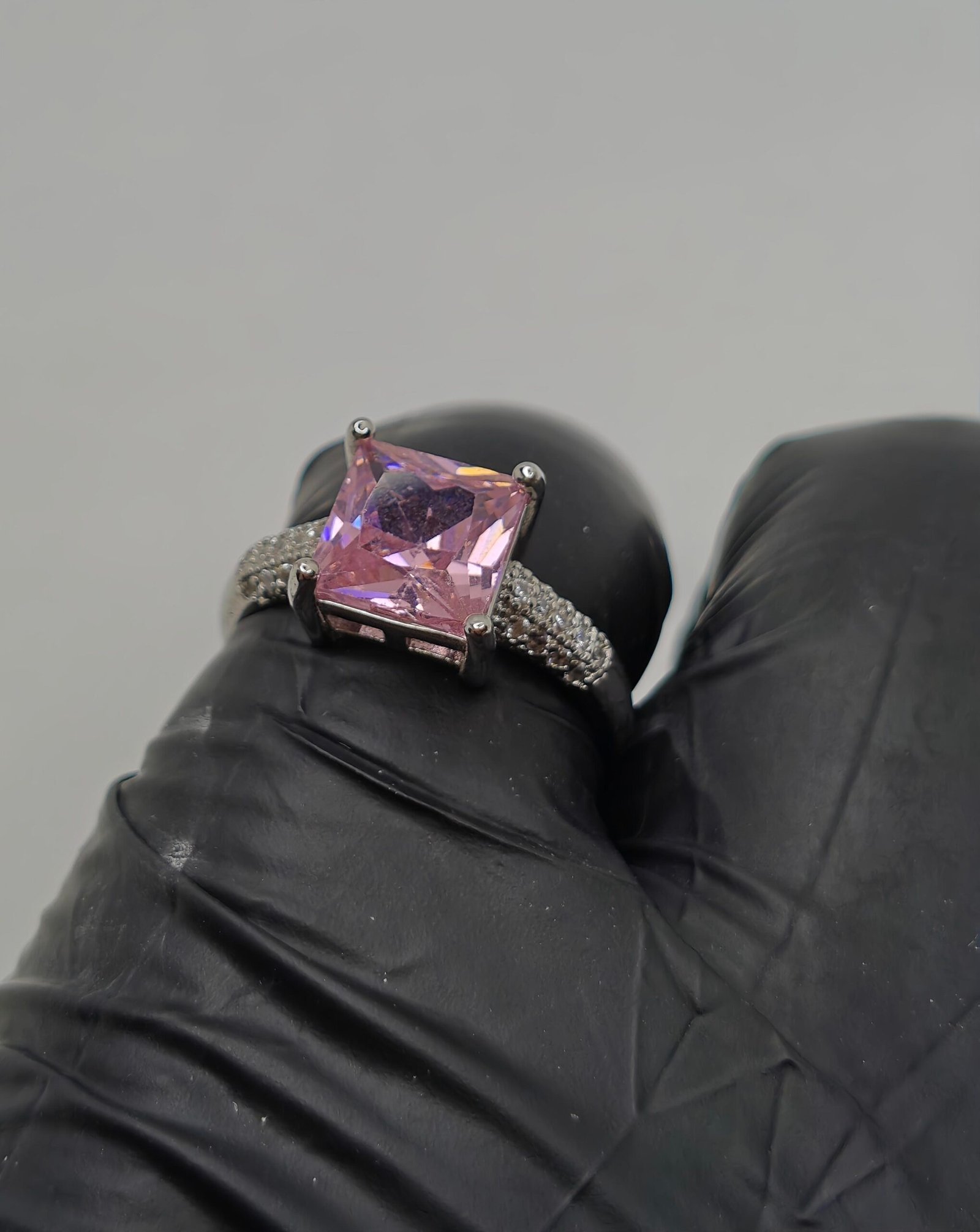 Princess-Cut Pink Crystal Statement Ring – Silver Finish