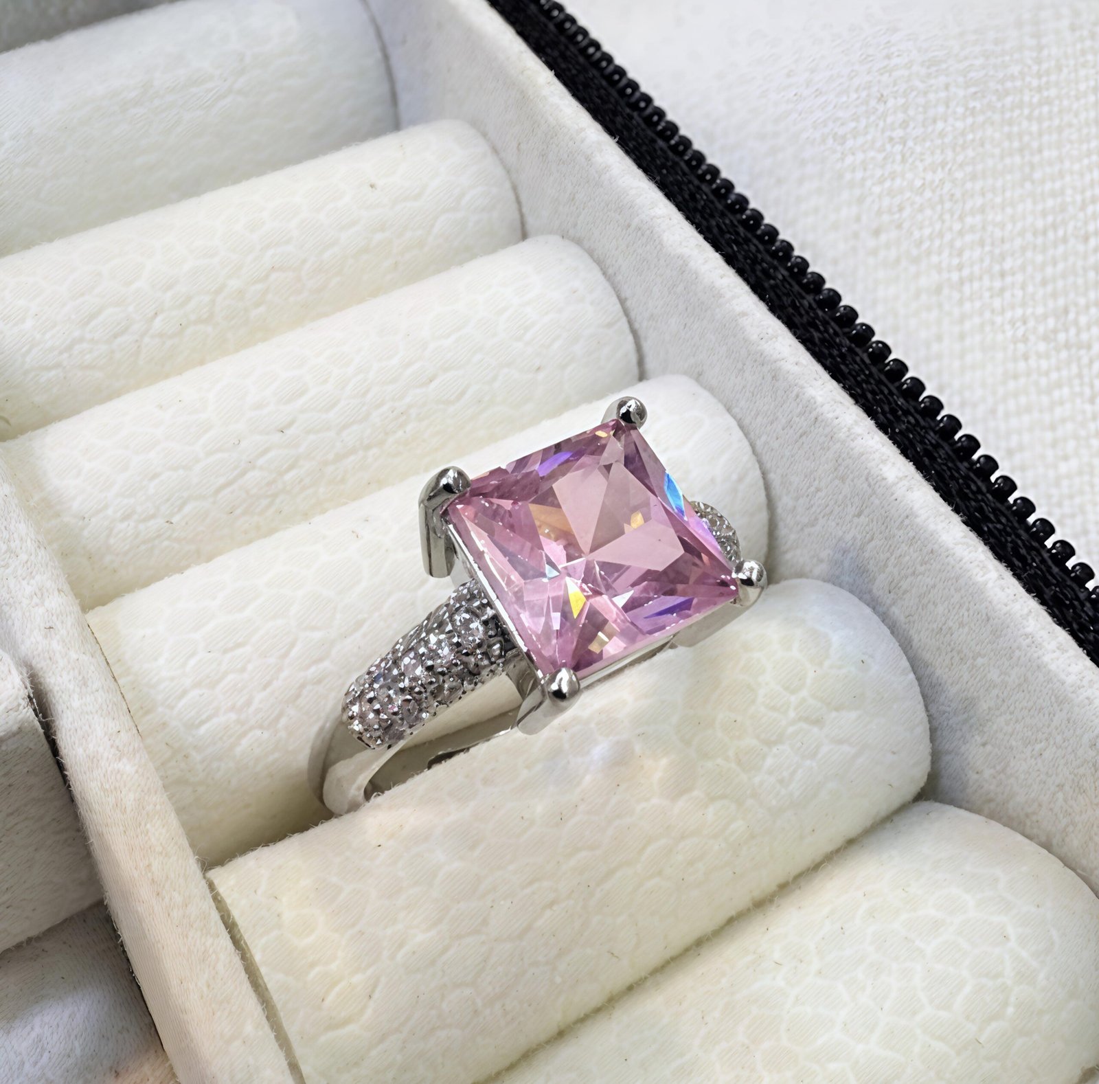 Princess-Cut Pink Crystal Statement Ring – Silver Finish - Image 5