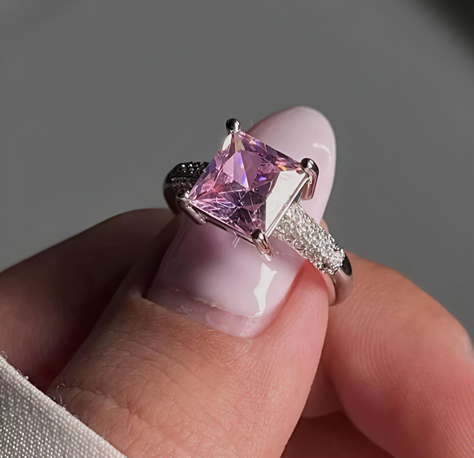 Princess-Cut Pink Crystal Statement Ring – Silver Finish - Image 3