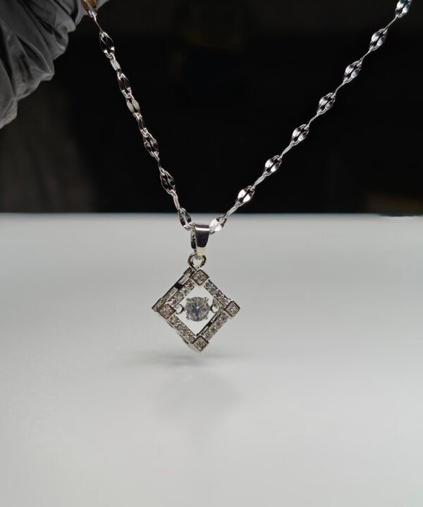 Geometric Crystal Square Pendant Necklace – Silver Finish