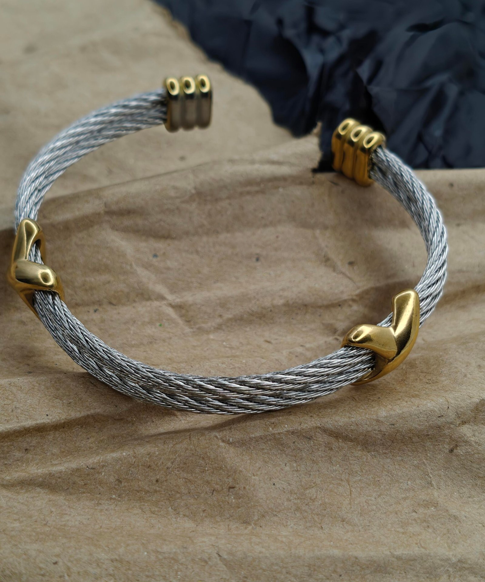Dual-Tone Twisted Cable Open Cuff Bracelet - Image 5
