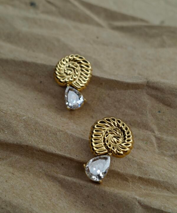 Gold-Tone Spiral Stud Earrings with Crystal Teardrop