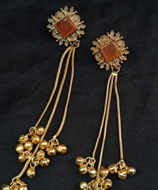 Peach Stone Long Dangle Kashmiri Earrings