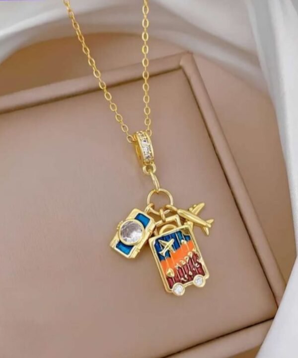 Travel-Themed Gold-Plated Charm Pendant Necklace