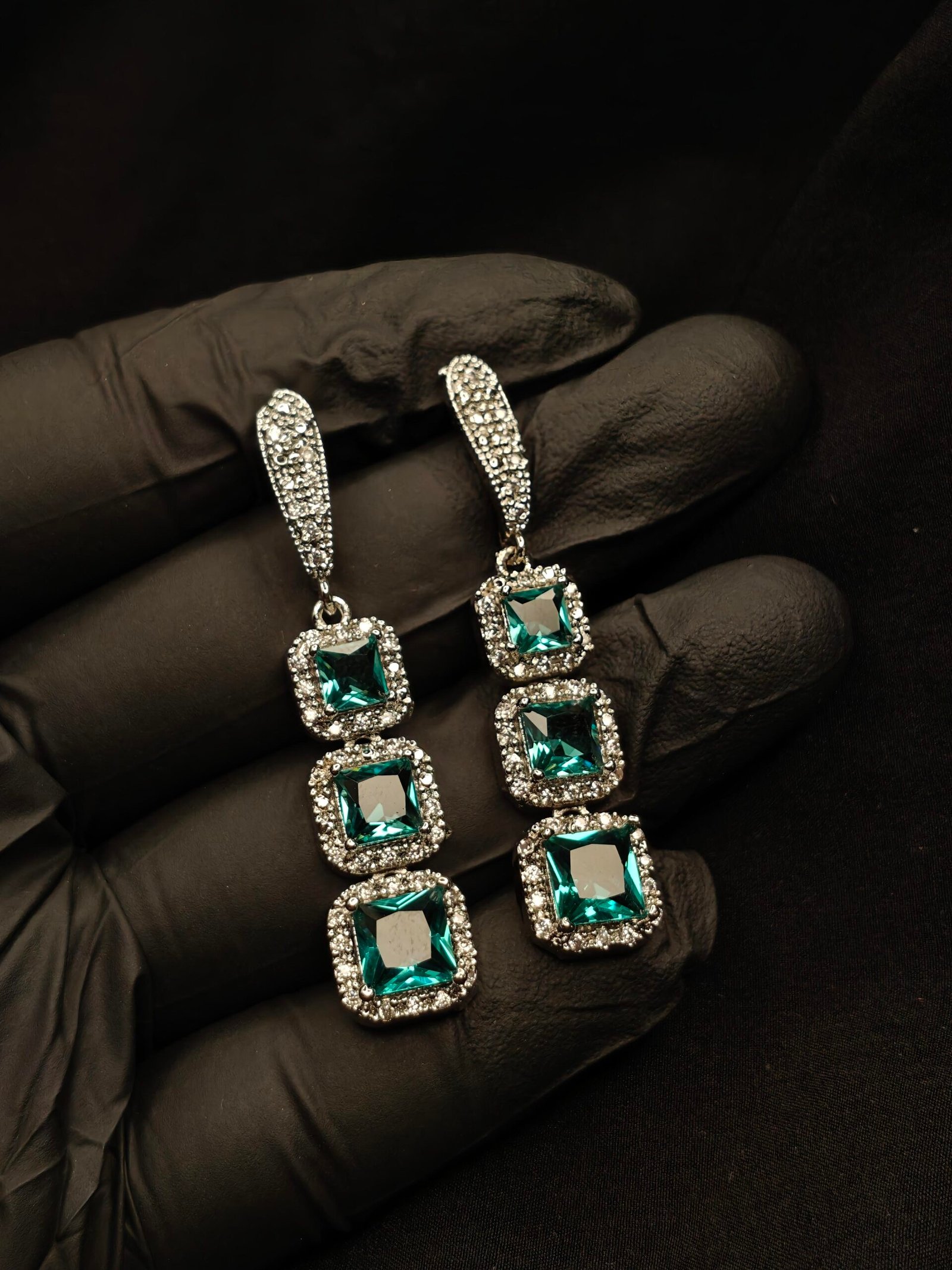 Emerald Green Triple Drop Crystal Earrings - Image 5