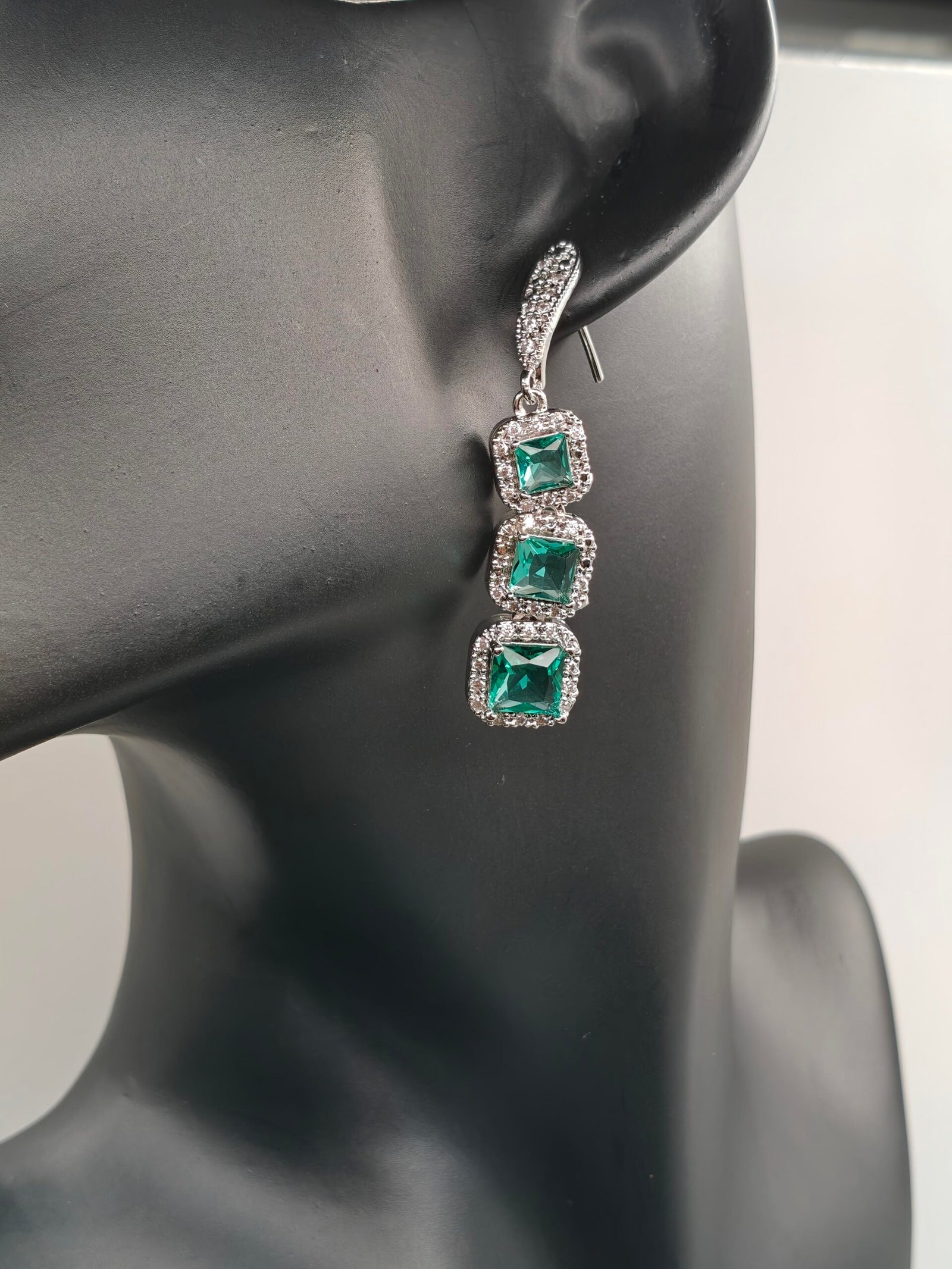 Emerald Green Triple Drop Crystal Earrings - Image 2