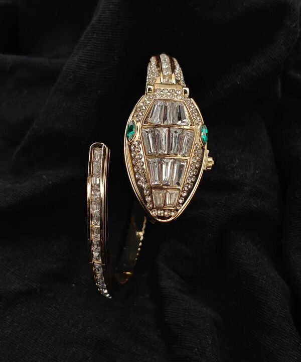 Gold-Tone Diamond Snake Style Bangle Watch, Luxury Metal Bezel Watch