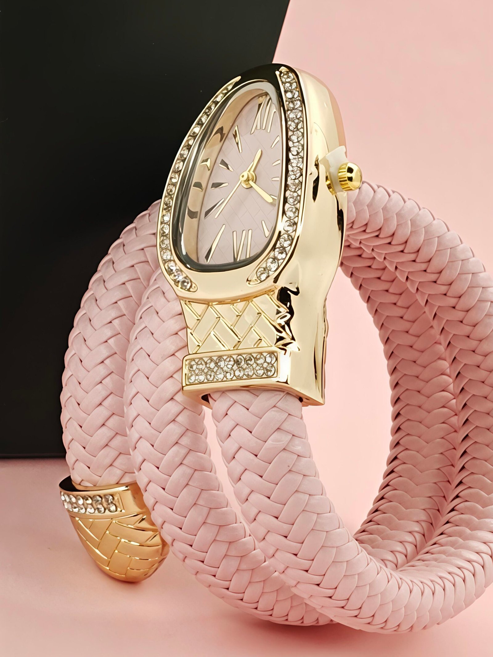 Snake Watch with Spiral Bracelet, Roman Number Dial, Luxury Metal Bezel Watch for Women - Image 4