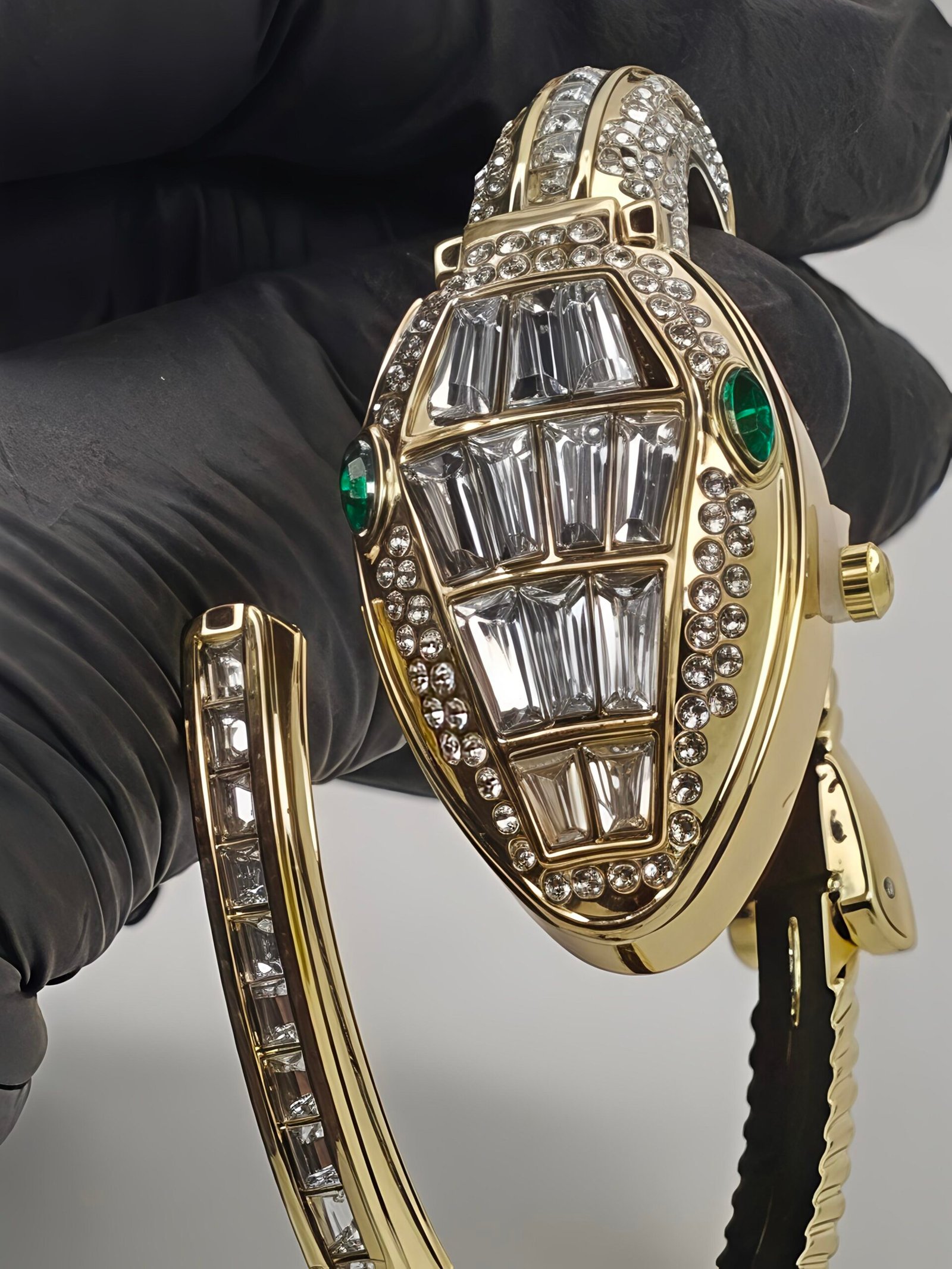 Gold-Tone Diamond Snake Style Bangle Watch, Luxury Metal Bezel Watch - Image 2