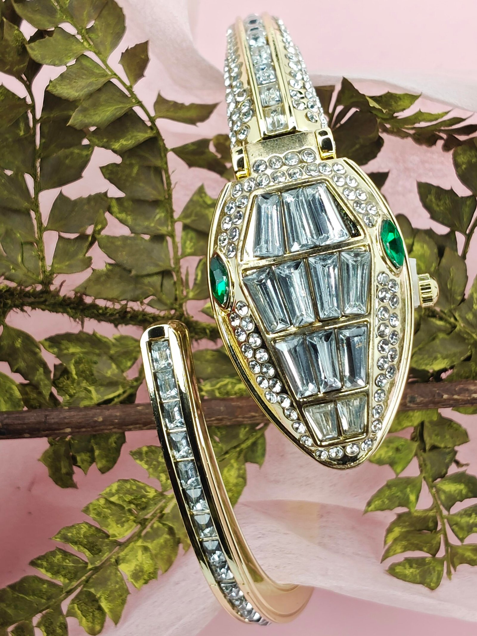 Gold-Tone Diamond Snake Style Bangle Watch, Luxury Metal Bezel Watch - Image 6