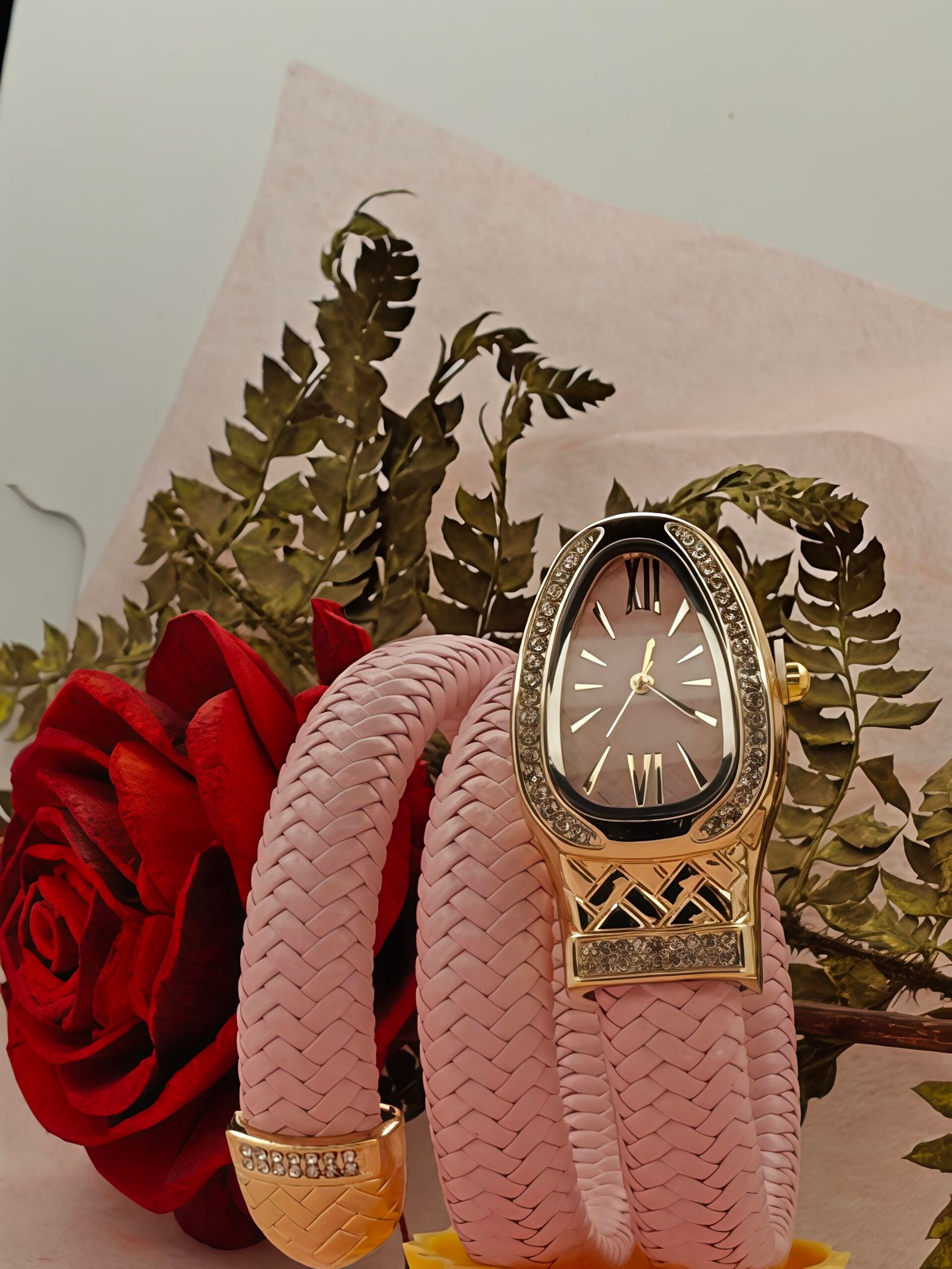 Snake Watch with Spiral Bracelet, Roman Number Dial, Luxury Metal Bezel Watch for Women - Image 2