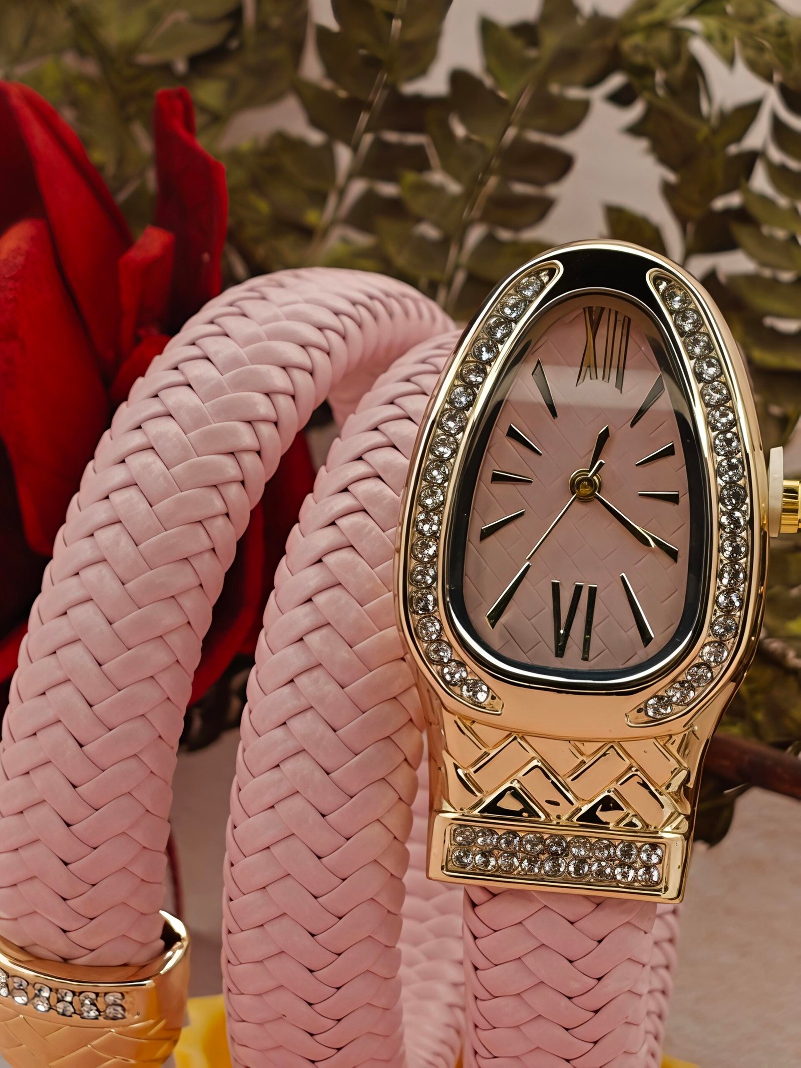 Snake Watch with Spiral Bracelet, Roman Number Dial, Luxury Metal Bezel Watch for Women - Image 3